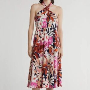 Maggy London Floral Halter Ring Dress Linen Size 16 Multicolor Print NWOT